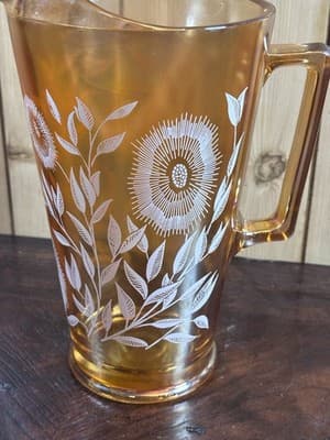 Vintage Jeannette Iridescent Marigold Carnival Glass Pitcher White Floral 10” - Thumbnail 5