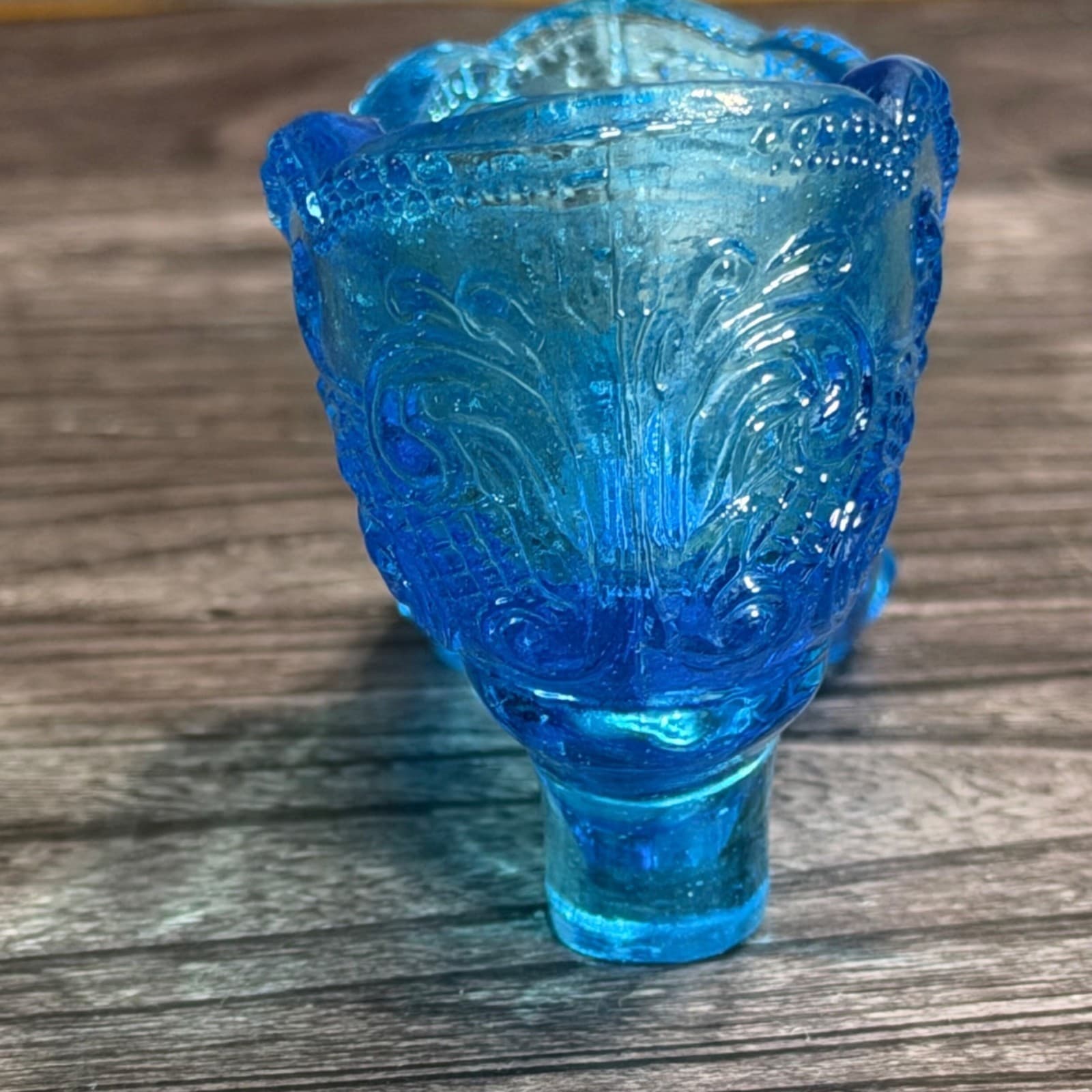 Vintage Mosser Bow Tie Blue Glass Shoe Slipper 4.75" Ornate Design - Thumbnail 6