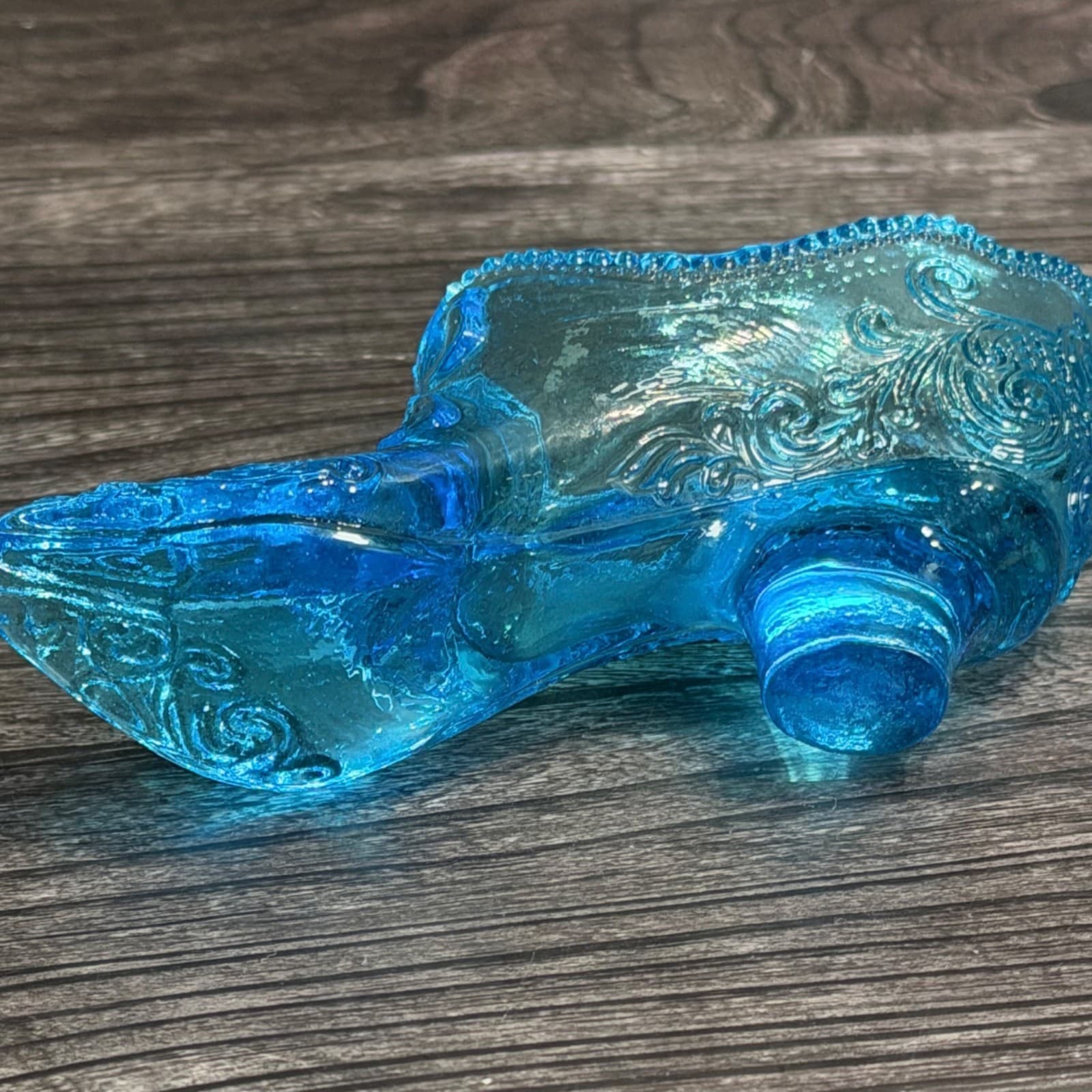 Vintage Mosser Bow Tie Blue Glass Shoe Slipper 4.75" Ornate Design - Thumbnail 9