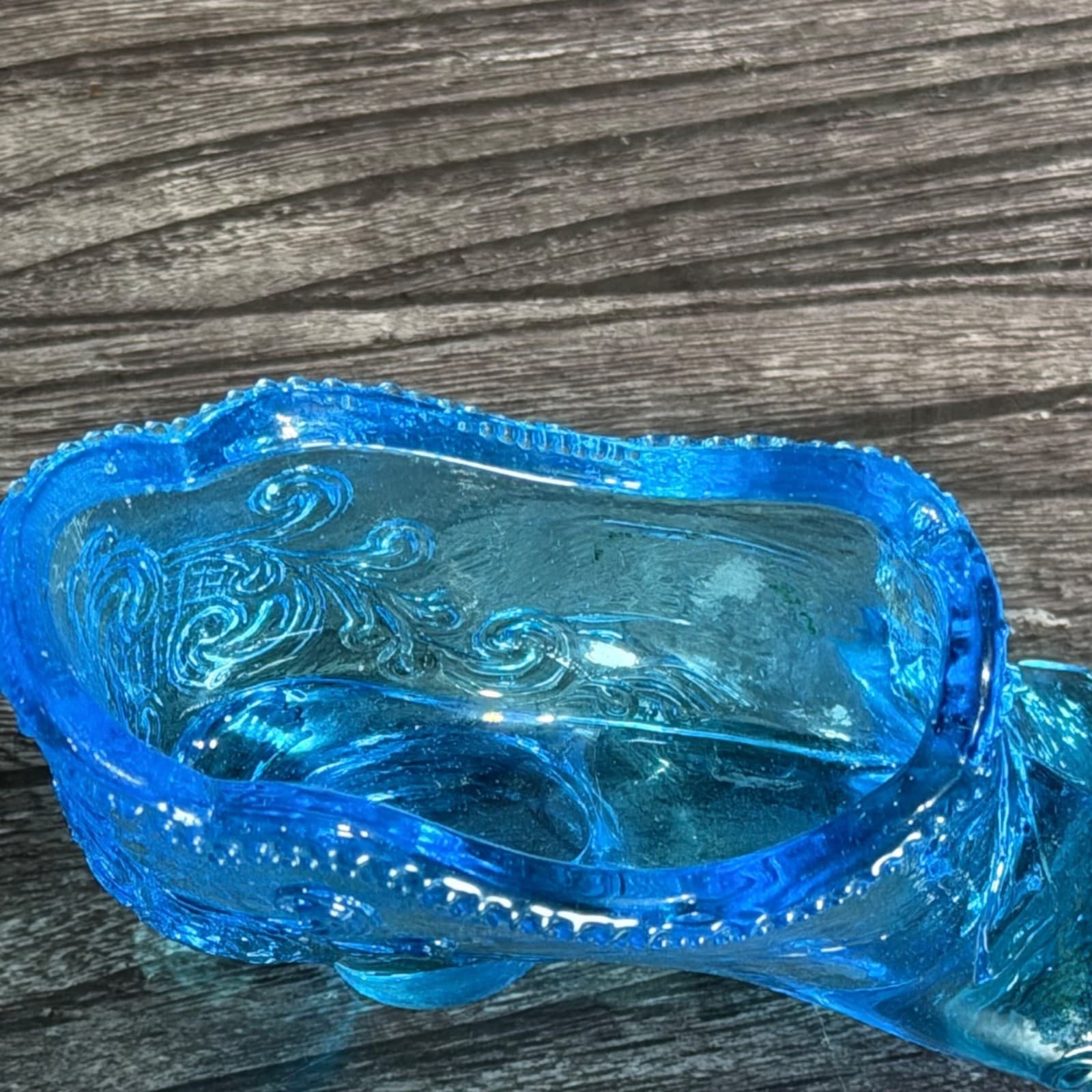 Vintage Mosser Bow Tie Blue Glass Shoe Slipper 4.75" Ornate Design - Thumbnail 4