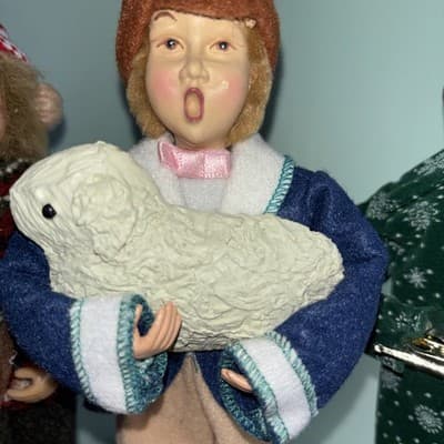 Set Of 3 Male Carolers Singing Man Holding Brass Instrument Sheep 8” Tall - Thumbnail 6