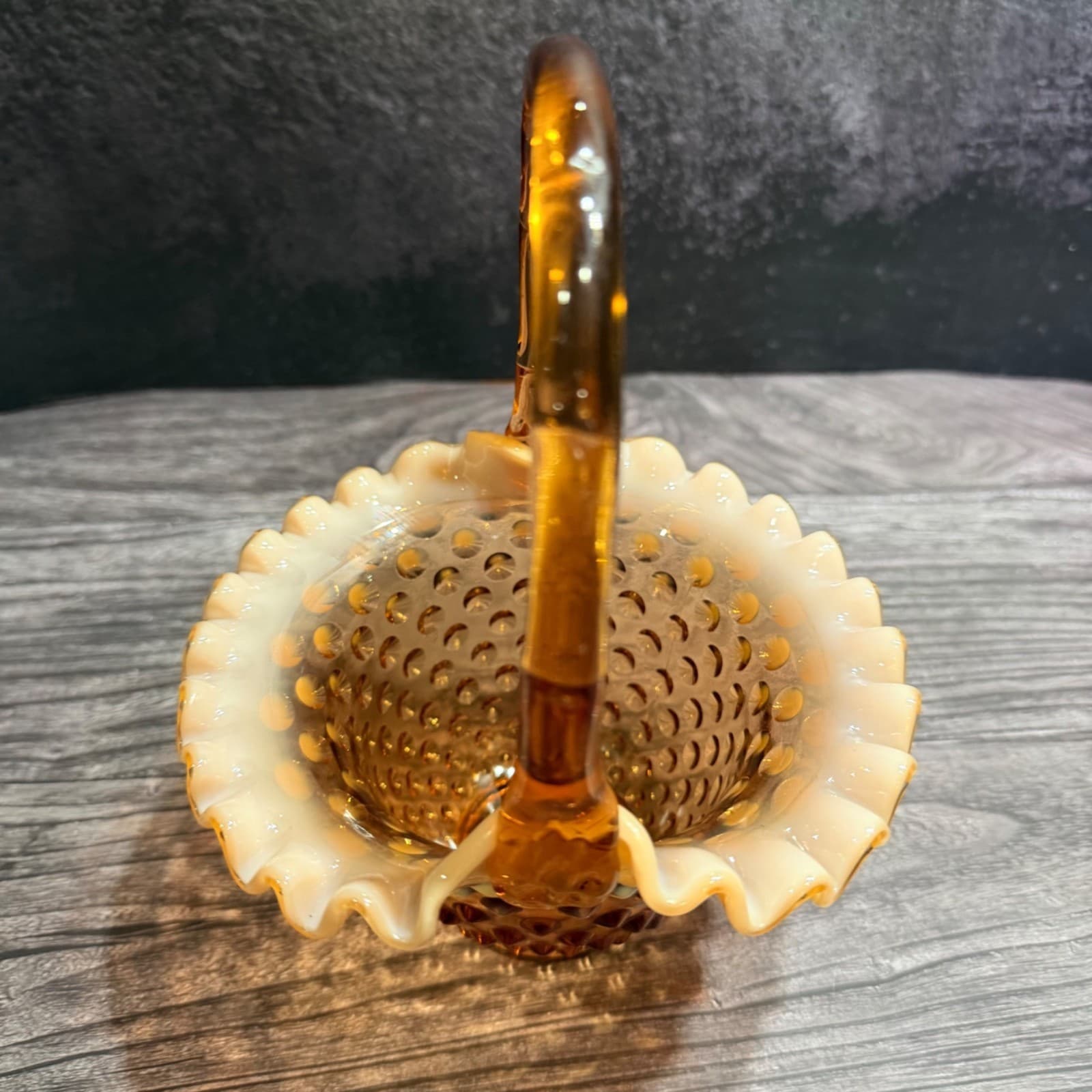 Vintage Fenton Opalescent Amber Hobnail Ruffled Basket With Crimped Edge 8” Tall - Thumbnail 2