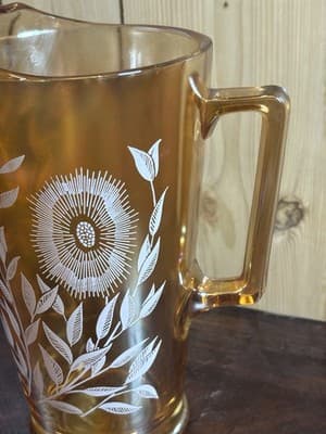 Vintage Jeannette Iridescent Marigold Carnival Glass Pitcher White Floral 10” - Thumbnail 6
