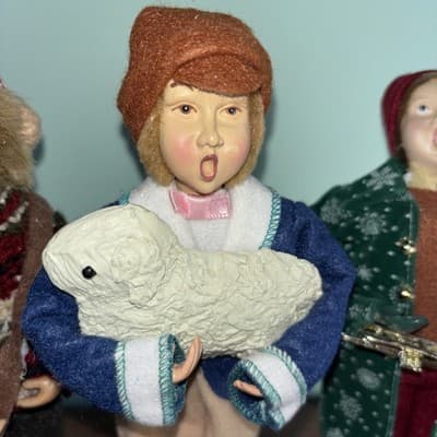 Set Of 3 Male Carolers Singing Man Holding Brass Instrument Sheep 8” Tall - Thumbnail 3