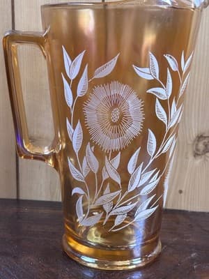 Vintage Jeannette Iridescent Marigold Carnival Glass Pitcher White Floral 10” - Thumbnail 2