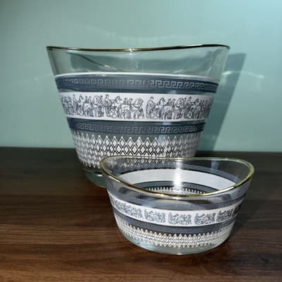 Jeannette Glass Greek Blue Ice Bucket Or Chip And Dip Bowls VTG Patrician Gold