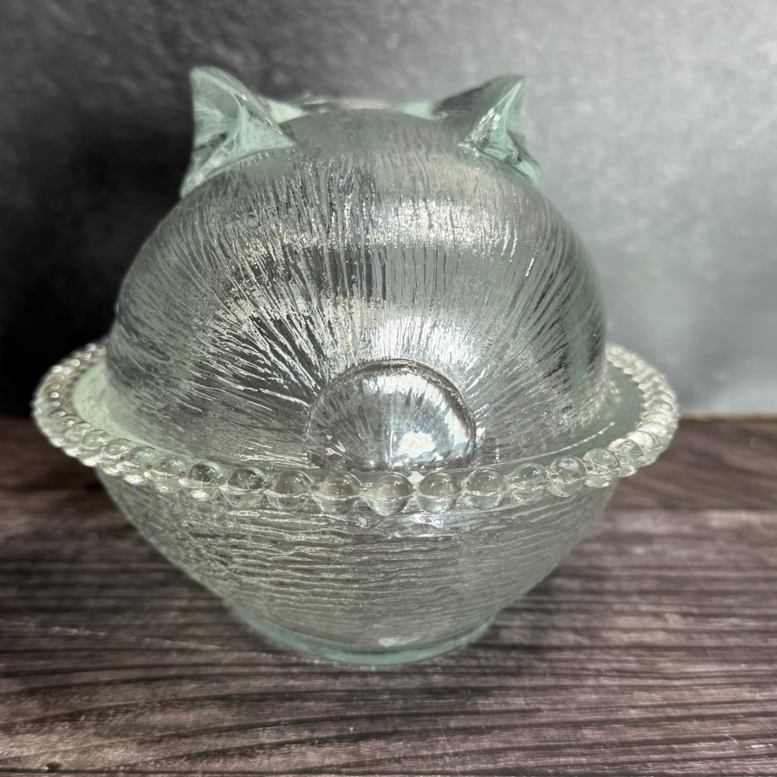 Indiana Glass Clear Rabbit On Nest Covered Candy Dish With Beaded Rim - Thumbnail 6