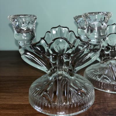 Two Vintage Clear Glass Iris Pattern Double Candlesticks Jeanette 1950’s MCM - Thumbnail 2