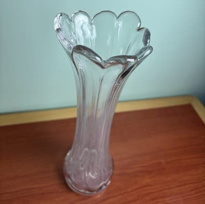 Vintage MCM Wider 11” Clear Ribbed Swung Stretched Glass Floor Vase Glows #6 - Thumbnail 2