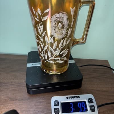 Vintage Jeannette Iridescent Marigold Carnival Glass Pitcher White Floral 10” - Thumbnail 11
