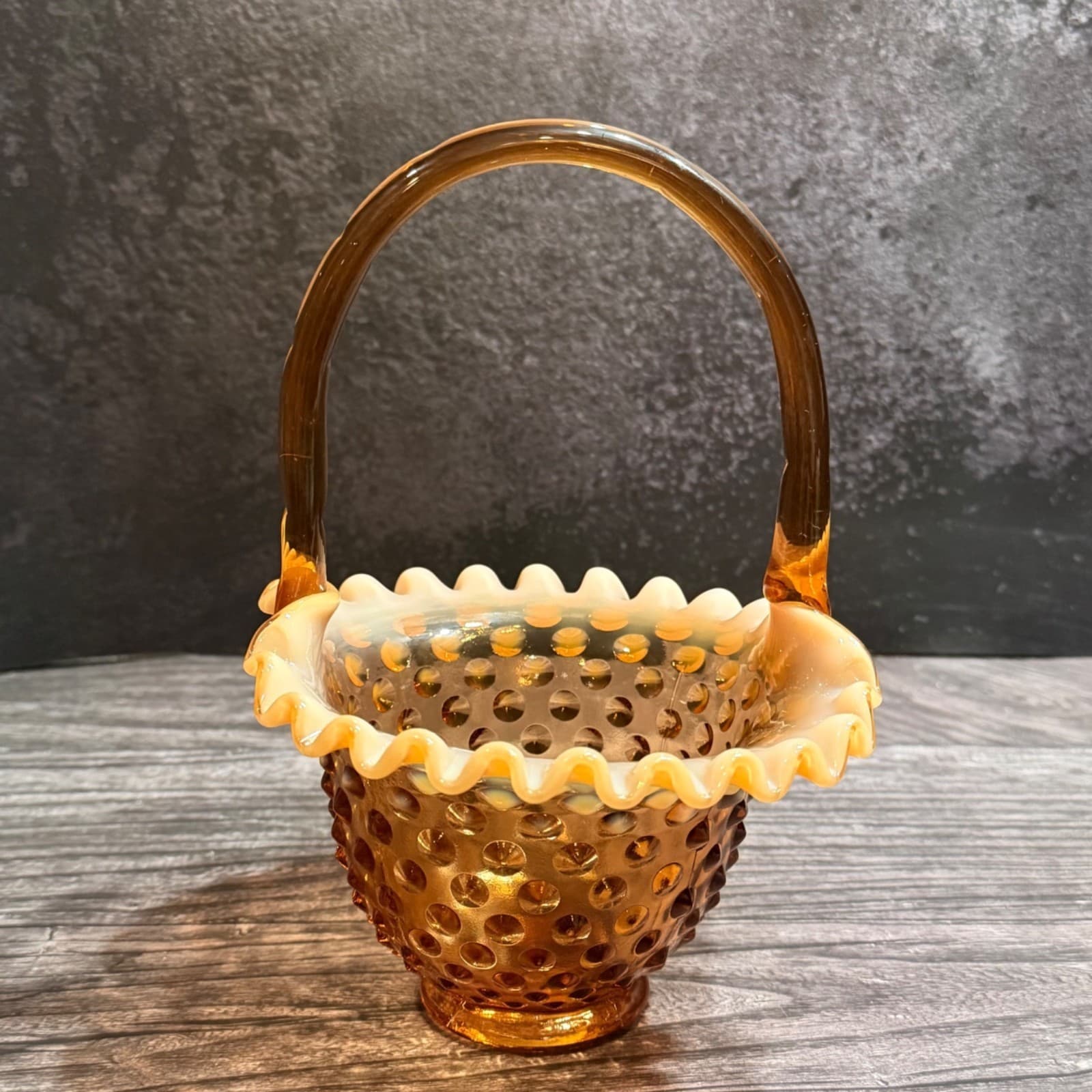 Vintage Fenton Opalescent Amber Hobnail Ruffled Basket With Crimped Edge 8” Tall - Thumbnail 7