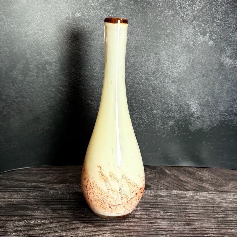 Vintage Hand Blown Mid-Century Art Glass Bud Vase Amber Rim Cream & Red Lava Dri - Thumbnail 7
