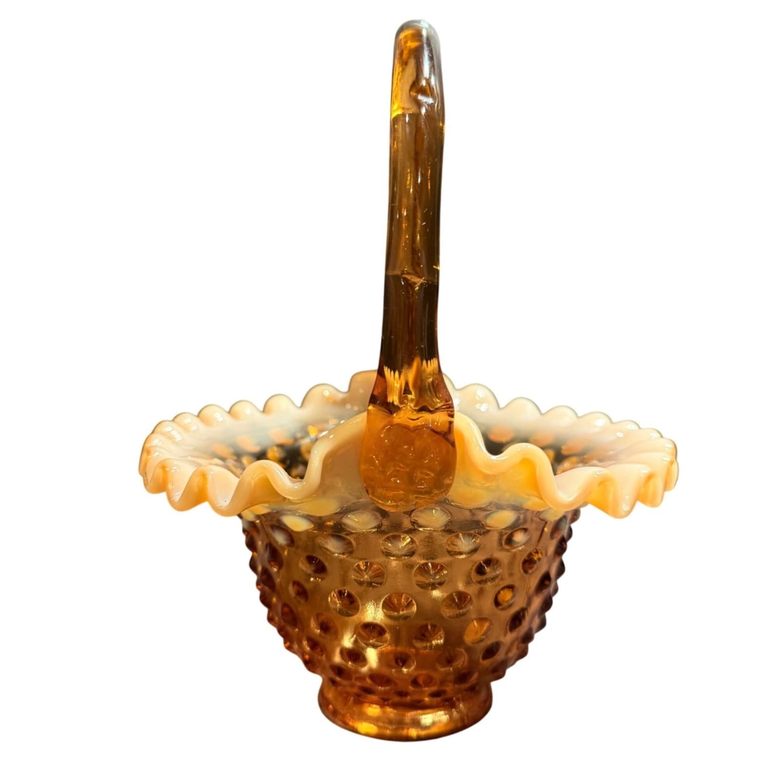 Vintage Fenton Opalescent Amber Hobnail Ruffled Basket With Crimped Edge 8” Tall