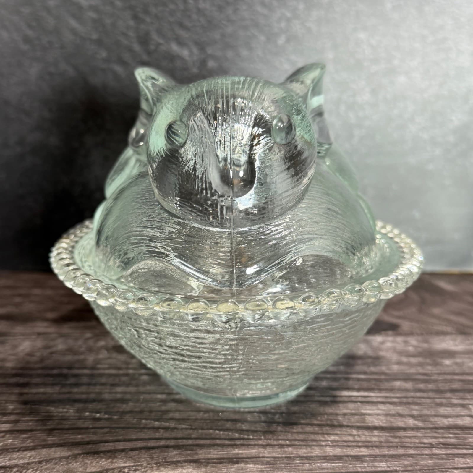 Indiana Glass Clear Rabbit On Nest Covered Candy Dish With Beaded Rim - Thumbnail 3