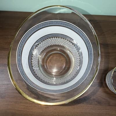 Jeannette Glass Greek Blue Ice Bucket Or Chip And Dip Bowls VTG Patrician Gold - Thumbnail 8