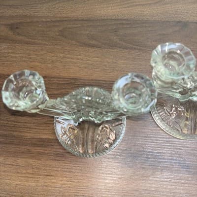 Two Vintage Clear Glass Iris Pattern Double Candlesticks Jeanette 1950’s MCM - Thumbnail 9