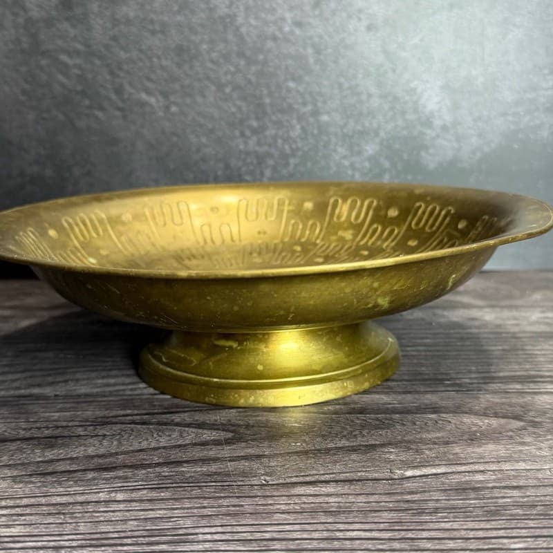 Vintage Etched Brass Footed Offering Bowl Made in India - Thumbnail 8