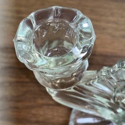Two Vintage Clear Glass Iris Pattern Double Candlesticks Jeanette 1950’s MCM - Thumbnail 8