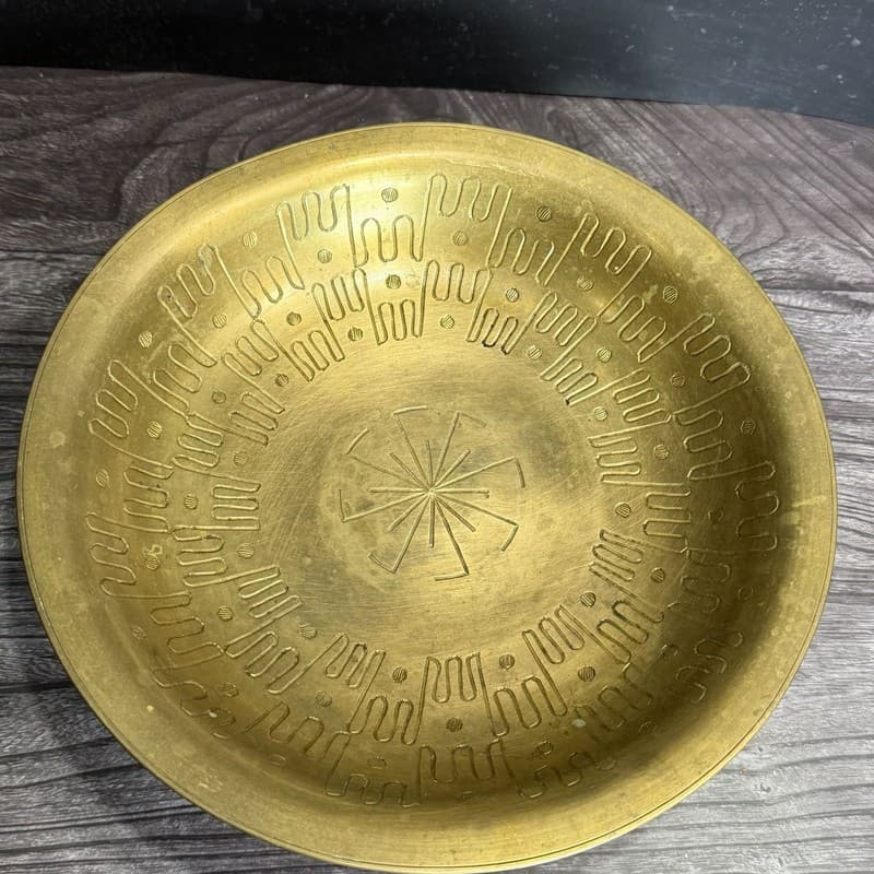 Vintage Etched Brass Footed Offering Bowl Made in India - Thumbnail 10