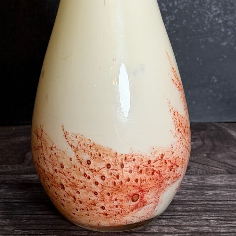 Vintage Hand Blown Mid-Century Art Glass Bud Vase Amber Rim Cream & Red Lava Dri - Thumbnail 2