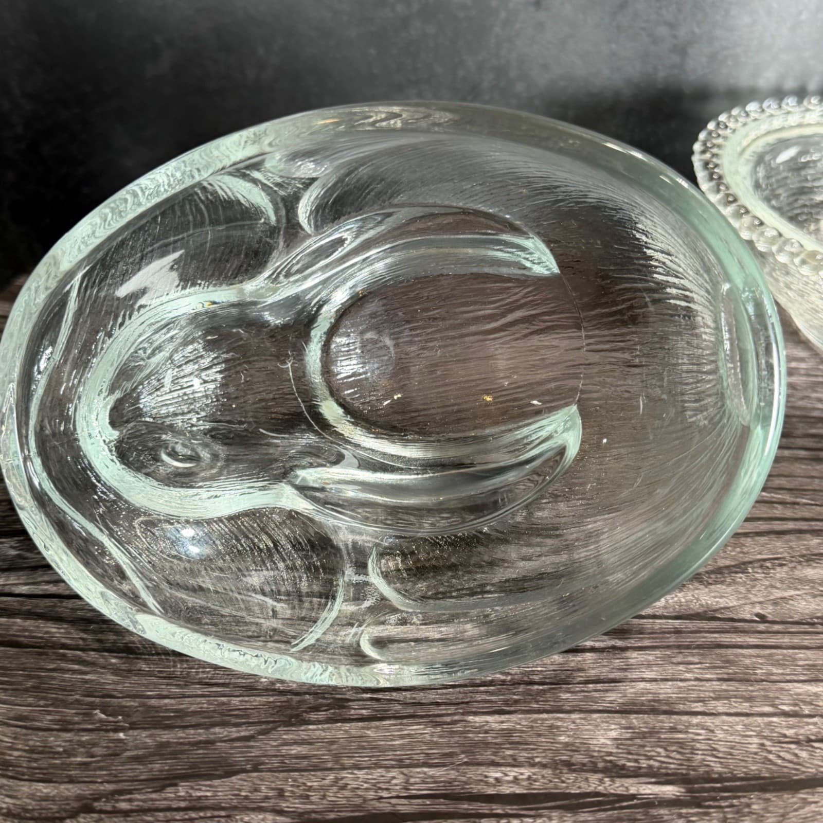 Indiana Glass Clear Rabbit On Nest Covered Candy Dish With Beaded Rim - Thumbnail 4