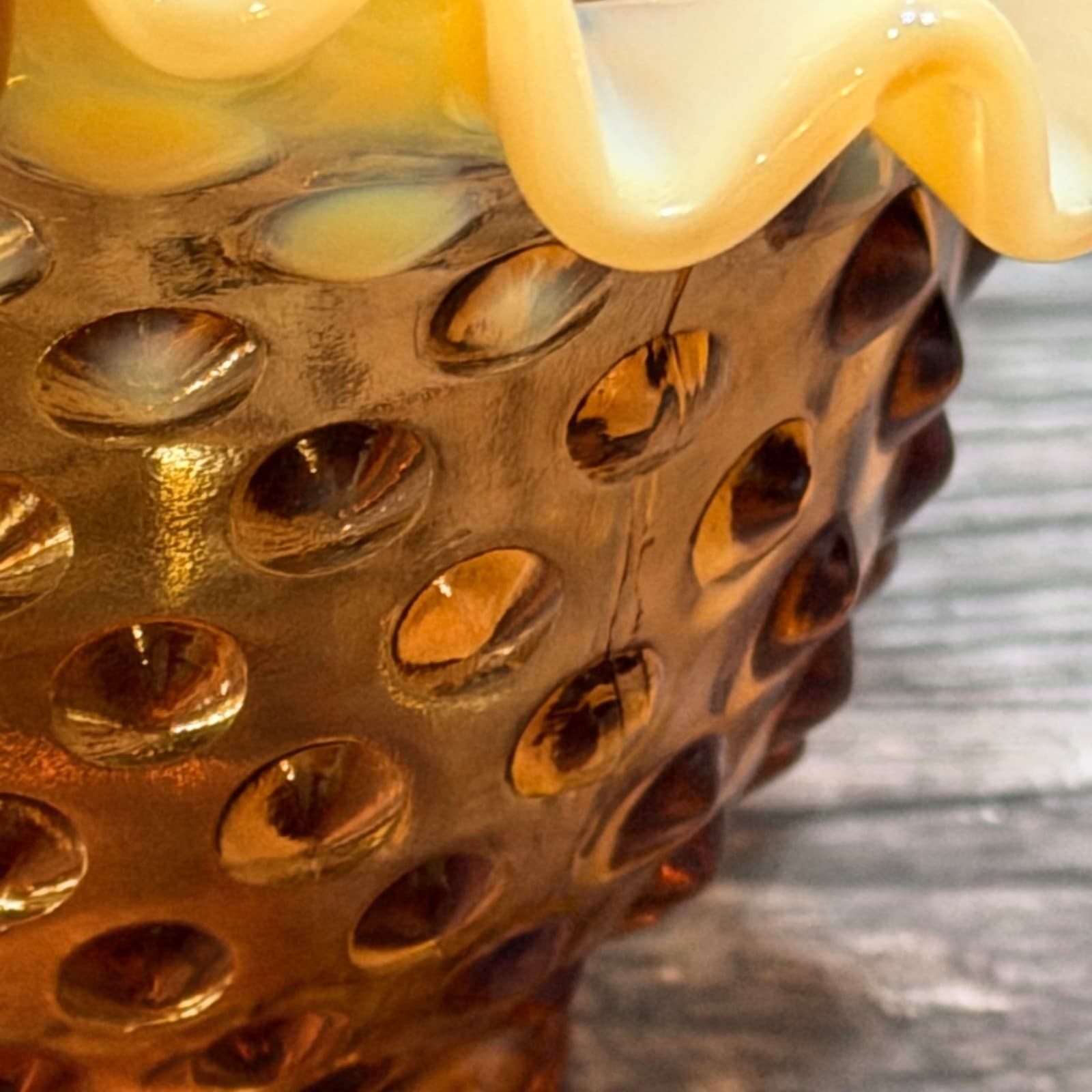 Vintage Fenton Opalescent Amber Hobnail Ruffled Basket With Crimped Edge 8” Tall - Thumbnail 5