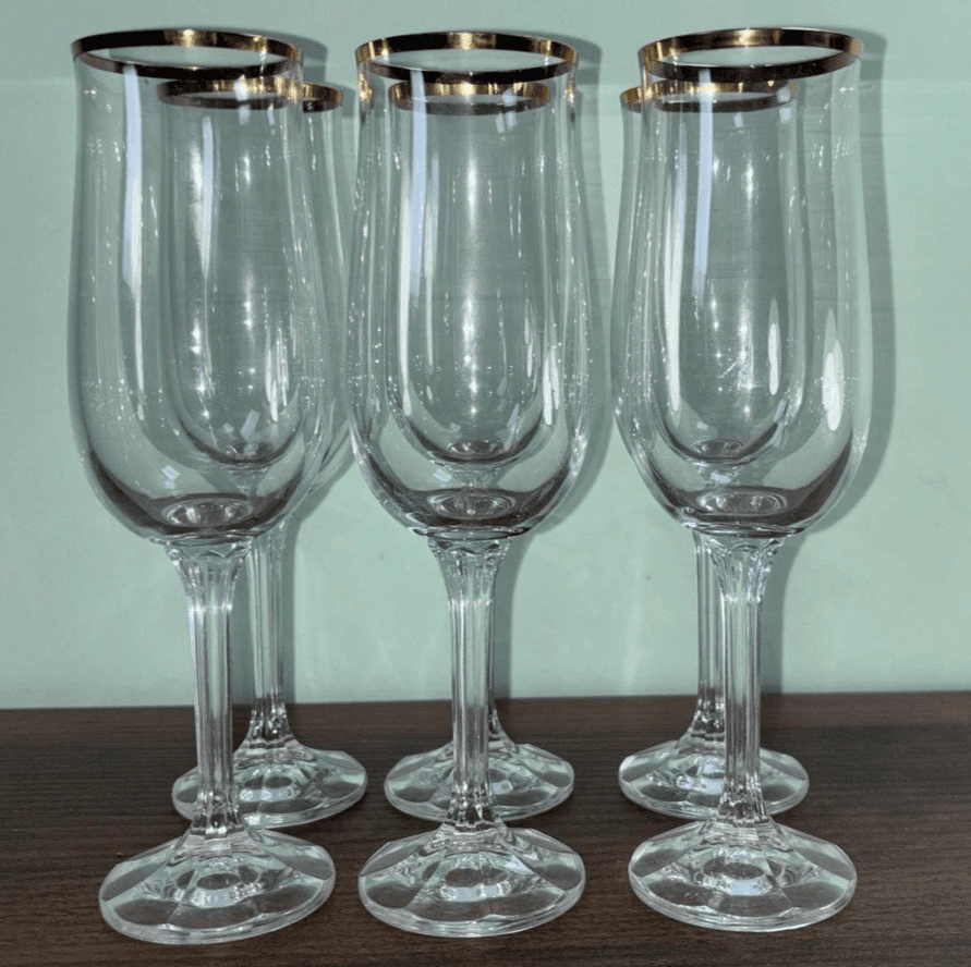 GENEVE BOHEMIA CRYSTAL FLUTED CHAMPAGNE GLASSES GOLD TRIM Set OF 6