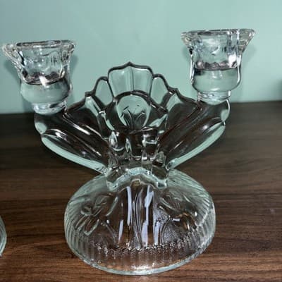 Two Vintage Clear Glass Iris Pattern Double Candlesticks Jeanette 1950’s MCM - Thumbnail 3