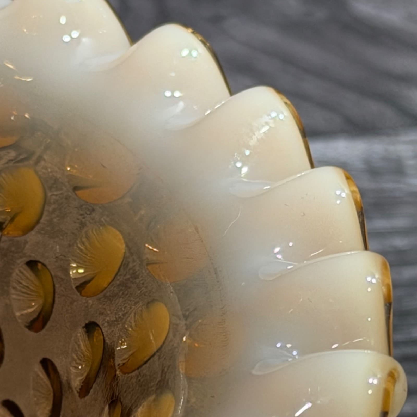 Vintage Fenton Opalescent Amber Hobnail Ruffled Basket With Crimped Edge 8” Tall - Thumbnail 3