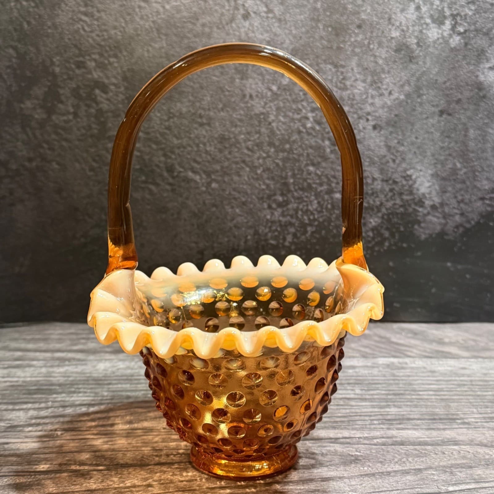 Vintage Fenton Opalescent Amber Hobnail Ruffled Basket With Crimped Edge 8” Tall - Thumbnail 9