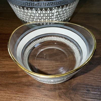 Jeannette Glass Greek Blue Ice Bucket Or Chip And Dip Bowls VTG Patrician Gold - Thumbnail 2