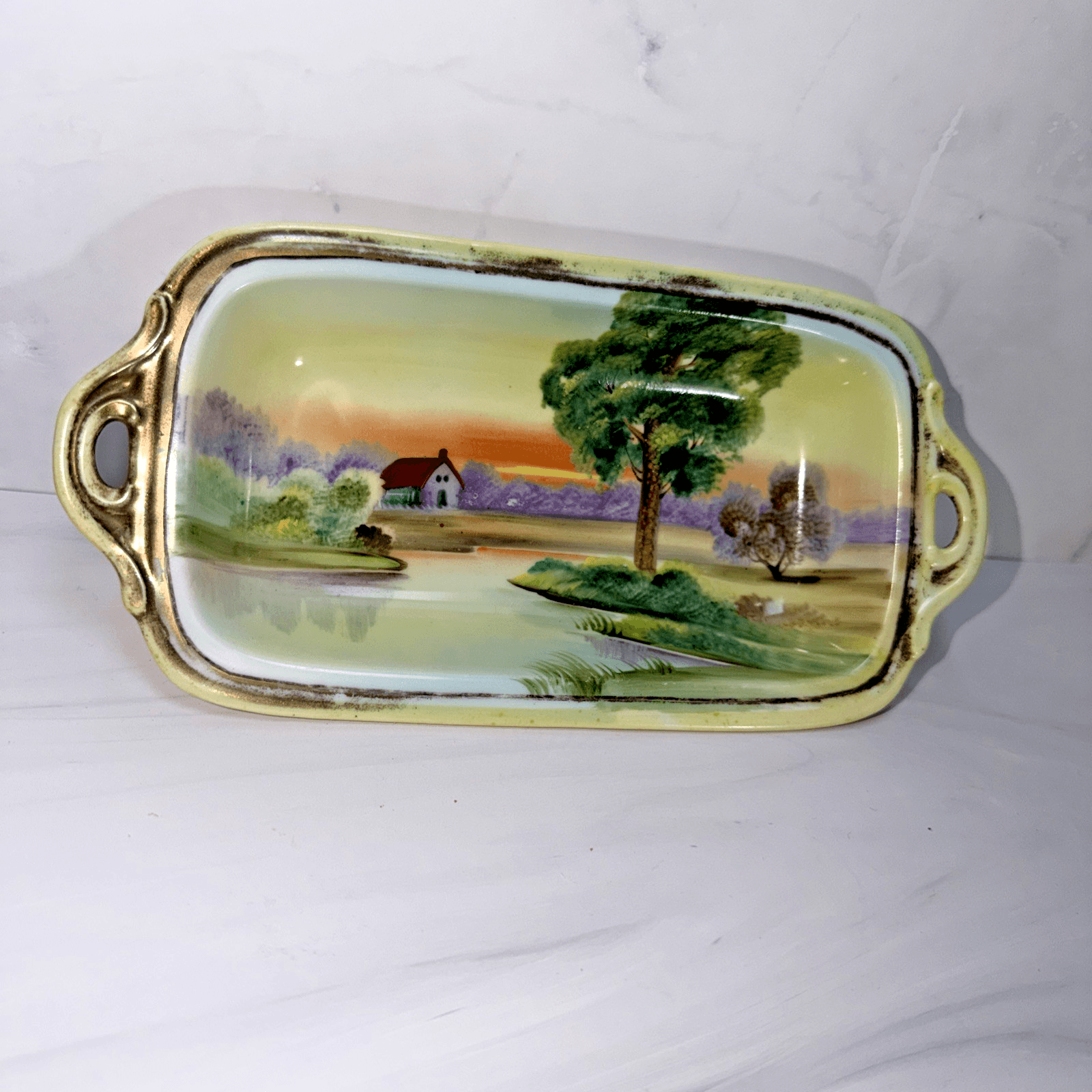 Vintage NIPPON Hand Painted Scenic Porcelain Trinket Tray Country Farm - Thumbnail 3