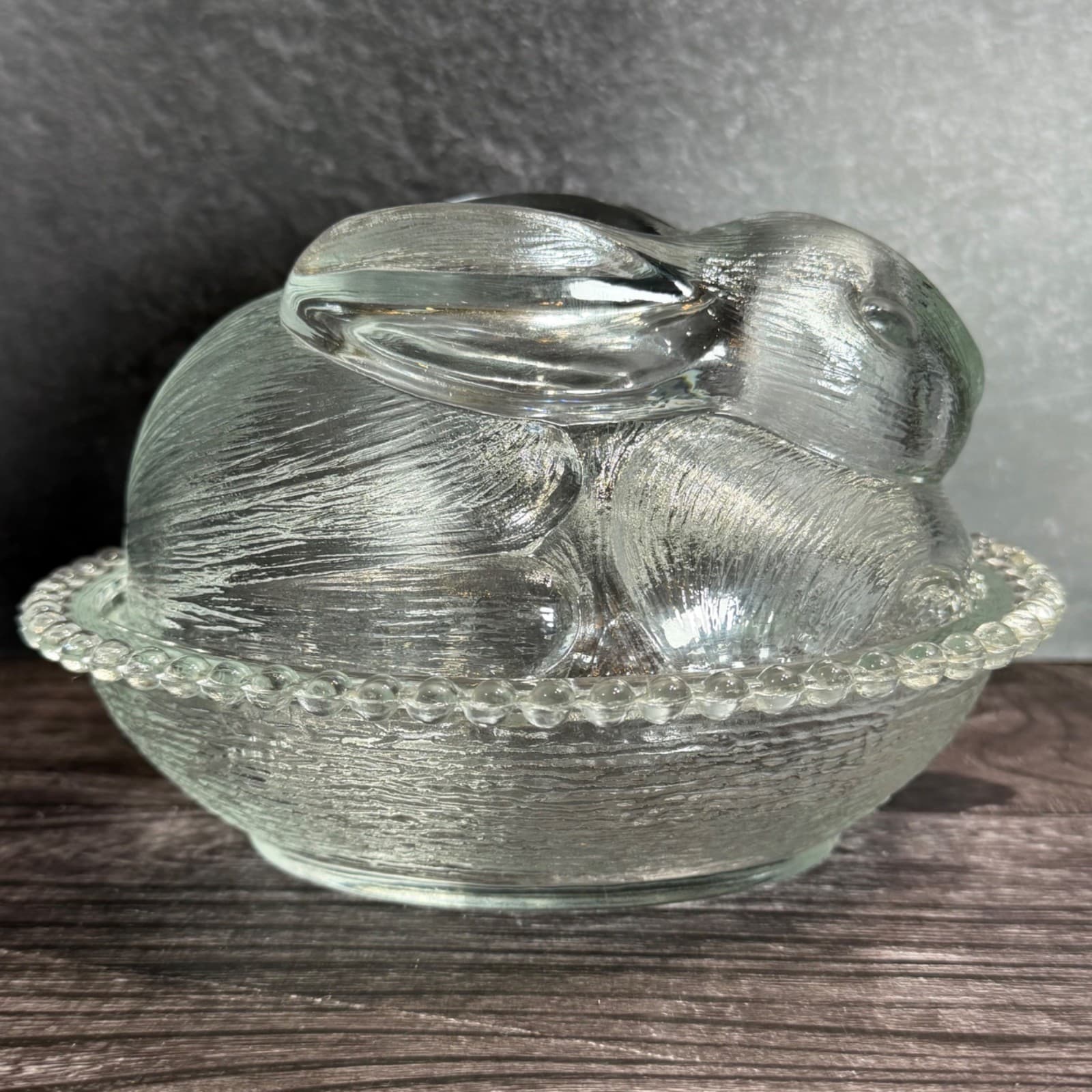 Indiana Glass Clear Rabbit On Nest Covered Candy Dish With Beaded Rim - Thumbnail 2