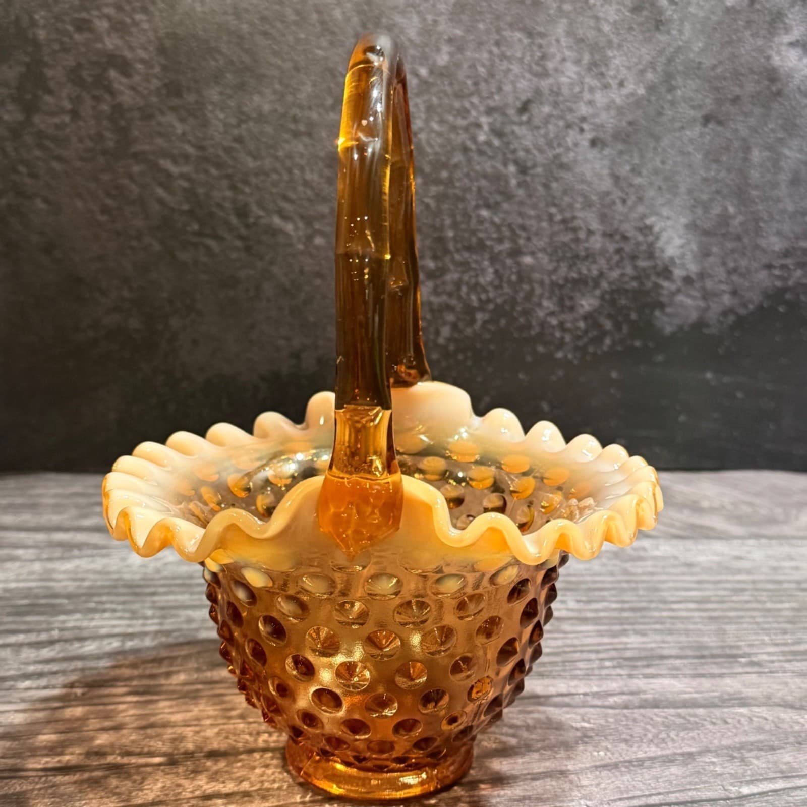 Vintage Fenton Opalescent Amber Hobnail Ruffled Basket With Crimped Edge 8” Tall - Thumbnail 8