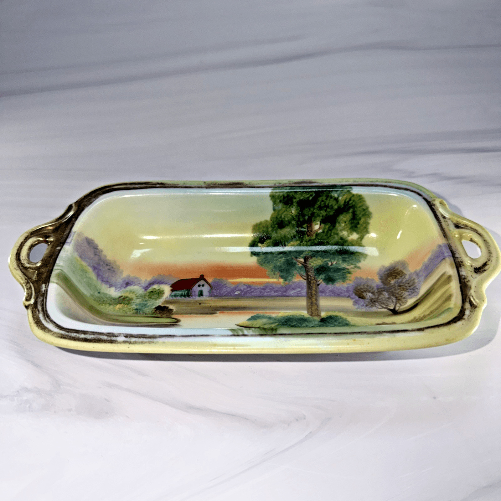 Vintage NIPPON Hand Painted Scenic Porcelain Trinket Tray Country Farm
