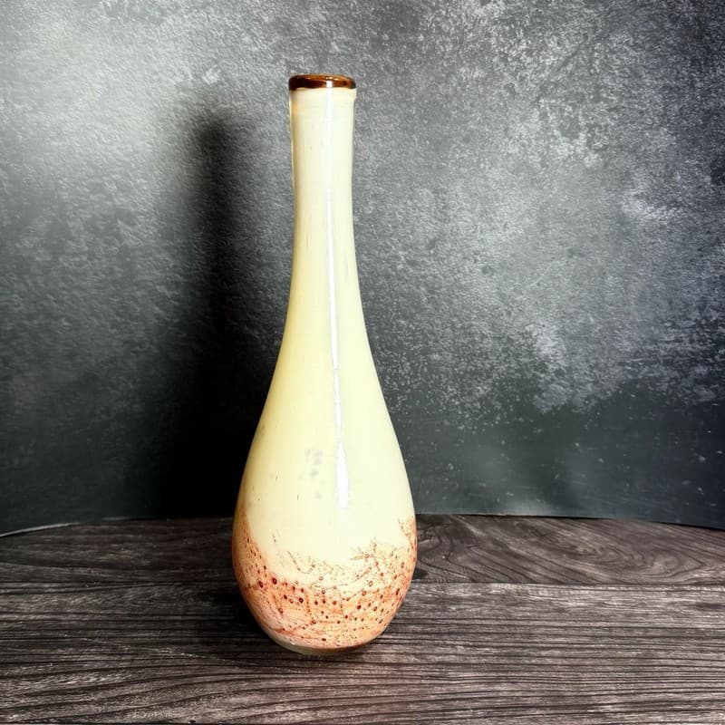 Vintage Hand Blown Mid-Century Art Glass Bud Vase Amber Rim Cream & Red Lava Dri - Thumbnail 4