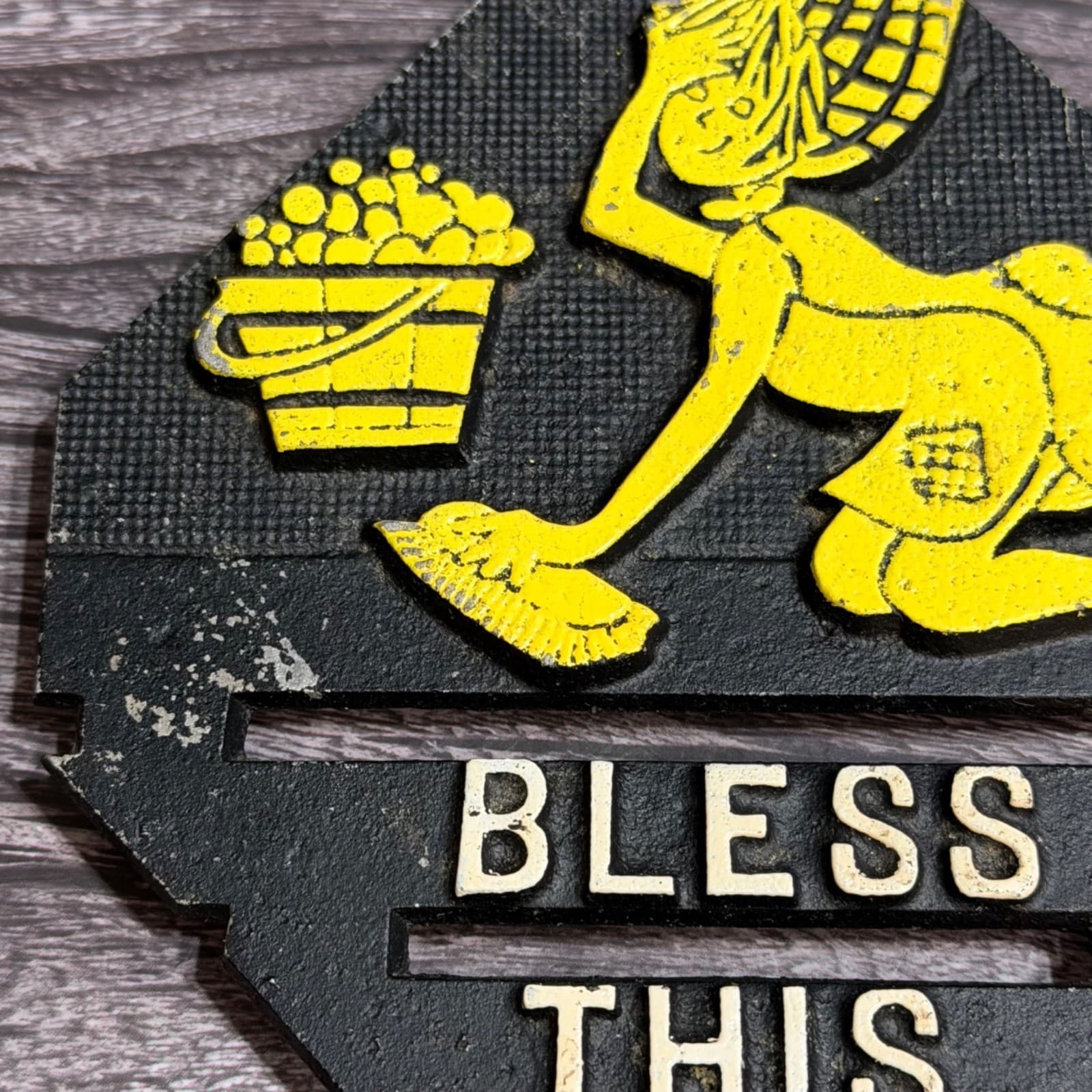Vintage Cast Iron Trivet "Bless This Mess" Wall Plaque With Yellow Cleaning Lady - Thumbnail 5