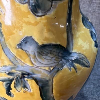 Vintage Chinese Imperial Yellow Porcelain Vase Blue Bird Peony Dayazhai Style 1 - Thumbnail 16