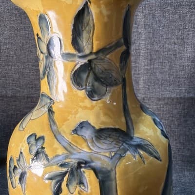 Vintage Chinese Imperial Yellow Porcelain Vase Blue Bird Peony Dayazhai Style 1 - Thumbnail 2
