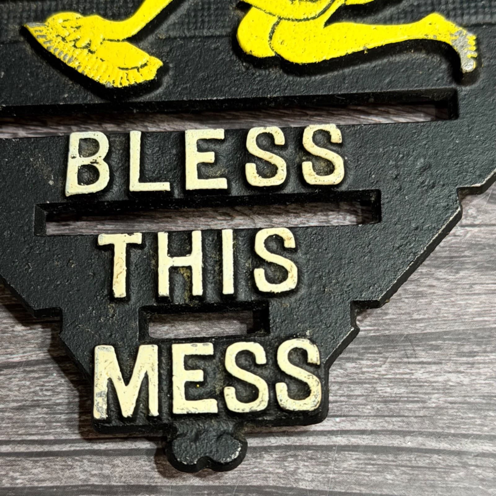 Vintage Cast Iron Trivet "Bless This Mess" Wall Plaque With Yellow Cleaning Lady - Thumbnail 2