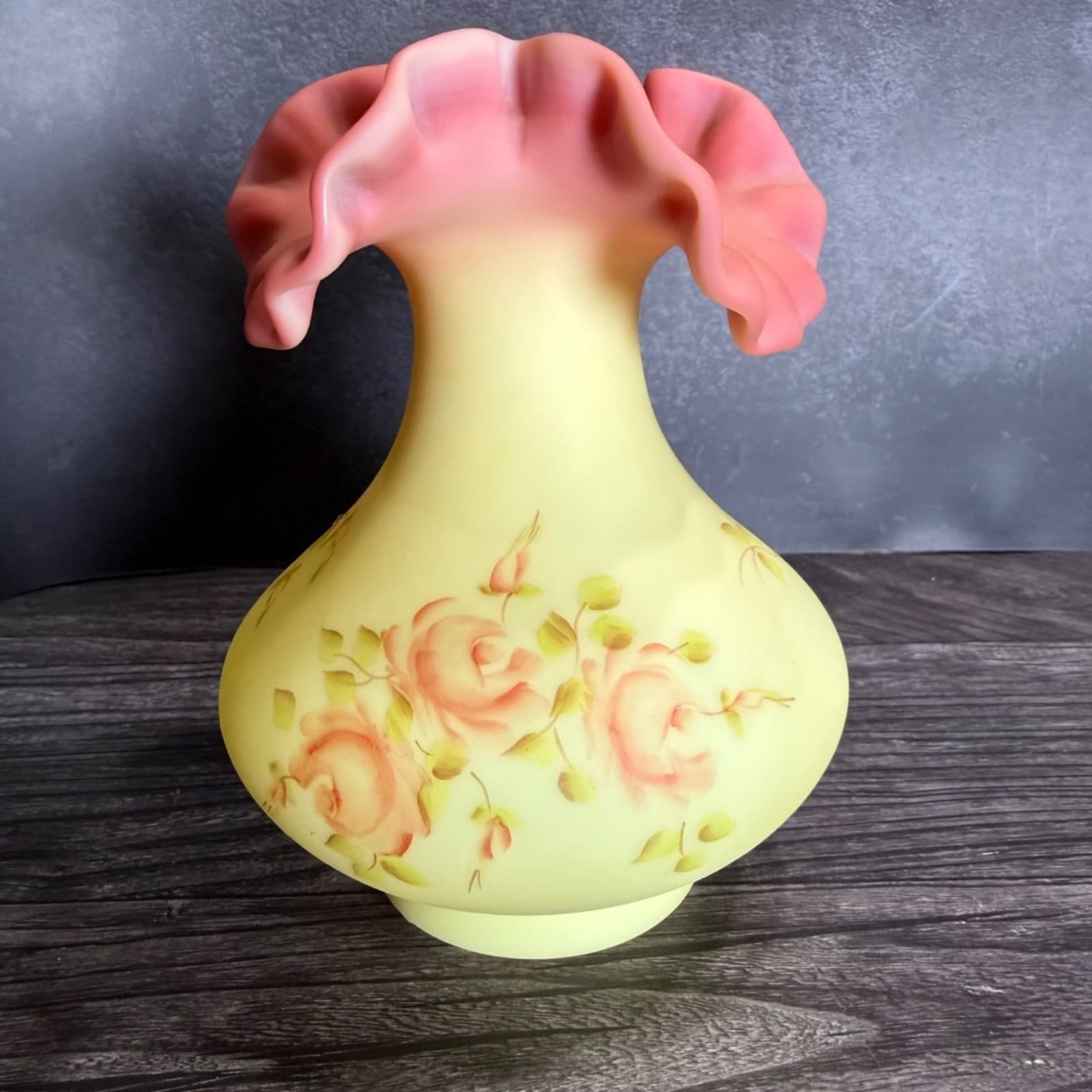 Fenton Hand Painted Burmese Satin Ruffled Vase With Pink Roses Signed By C Weihl - Thumbnail 2