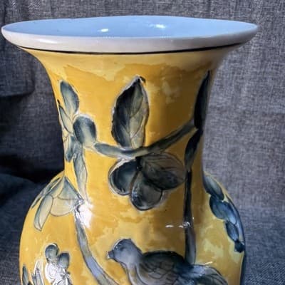 Vintage Chinese Imperial Yellow Porcelain Vase Blue Bird Peony Dayazhai Style 1 - Thumbnail 17