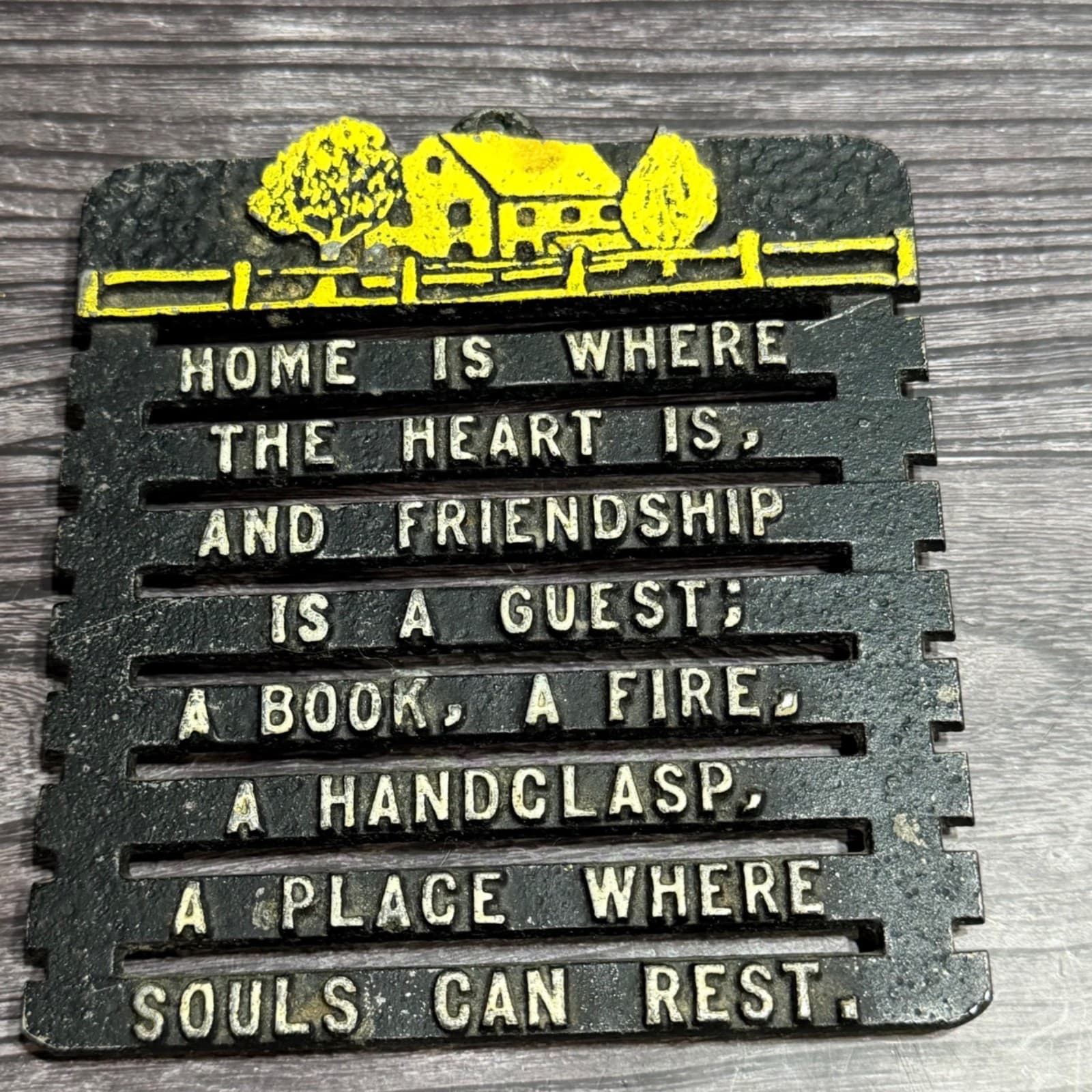 Vintage Cast Aluminum "Home Is Where" Metal Trivet Kitchen Decor 4.75"x5"