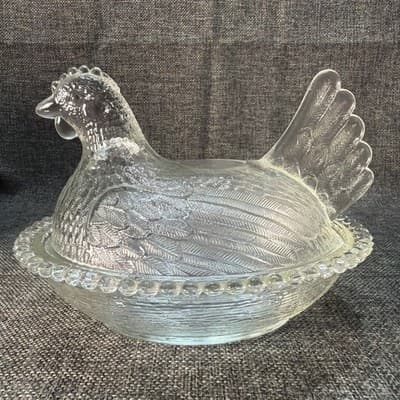 Vintage Indiana Clear Glass 7” Hen on Nest Covered Dish MCM Chipped HON