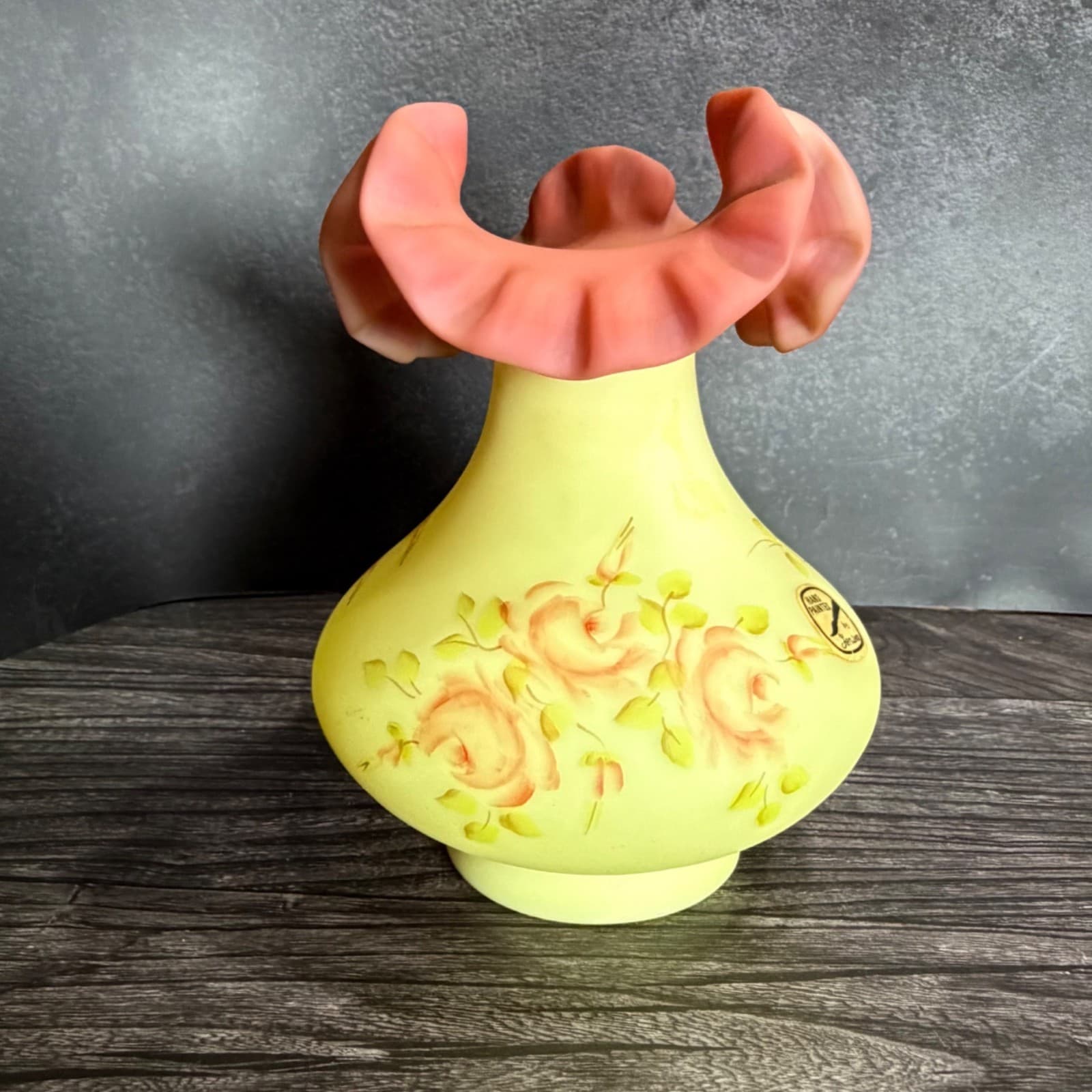 Fenton Hand Painted Burmese Satin Ruffled Vase With Pink Roses Signed By C Weihl - Thumbnail 7