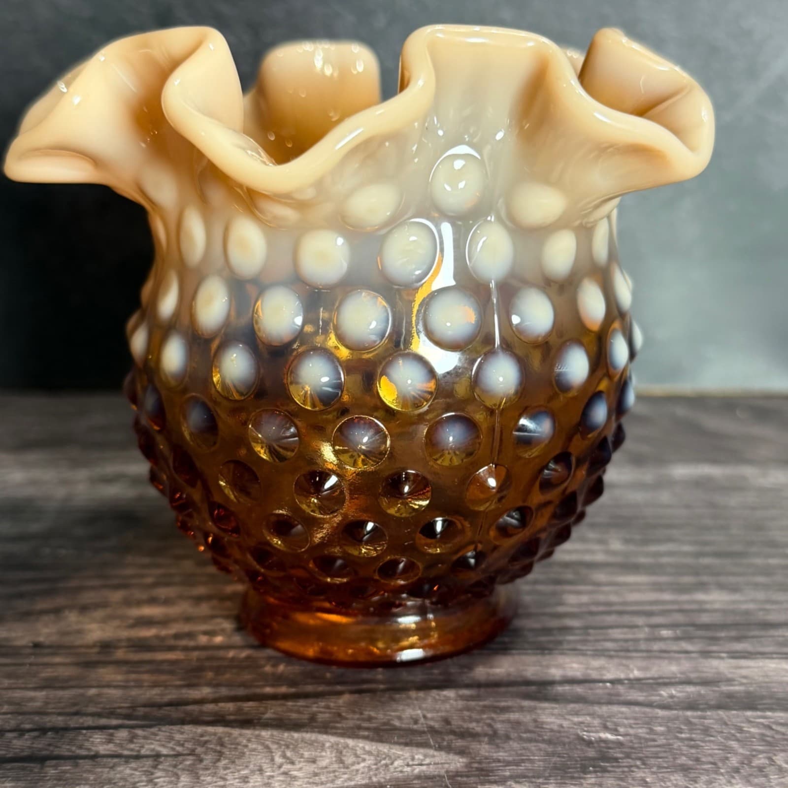 Fenton Cameo Opalescent Hobnail Glass Rose Bowl Vase 5" Ruffled Top Vintage Deco - Thumbnail 5