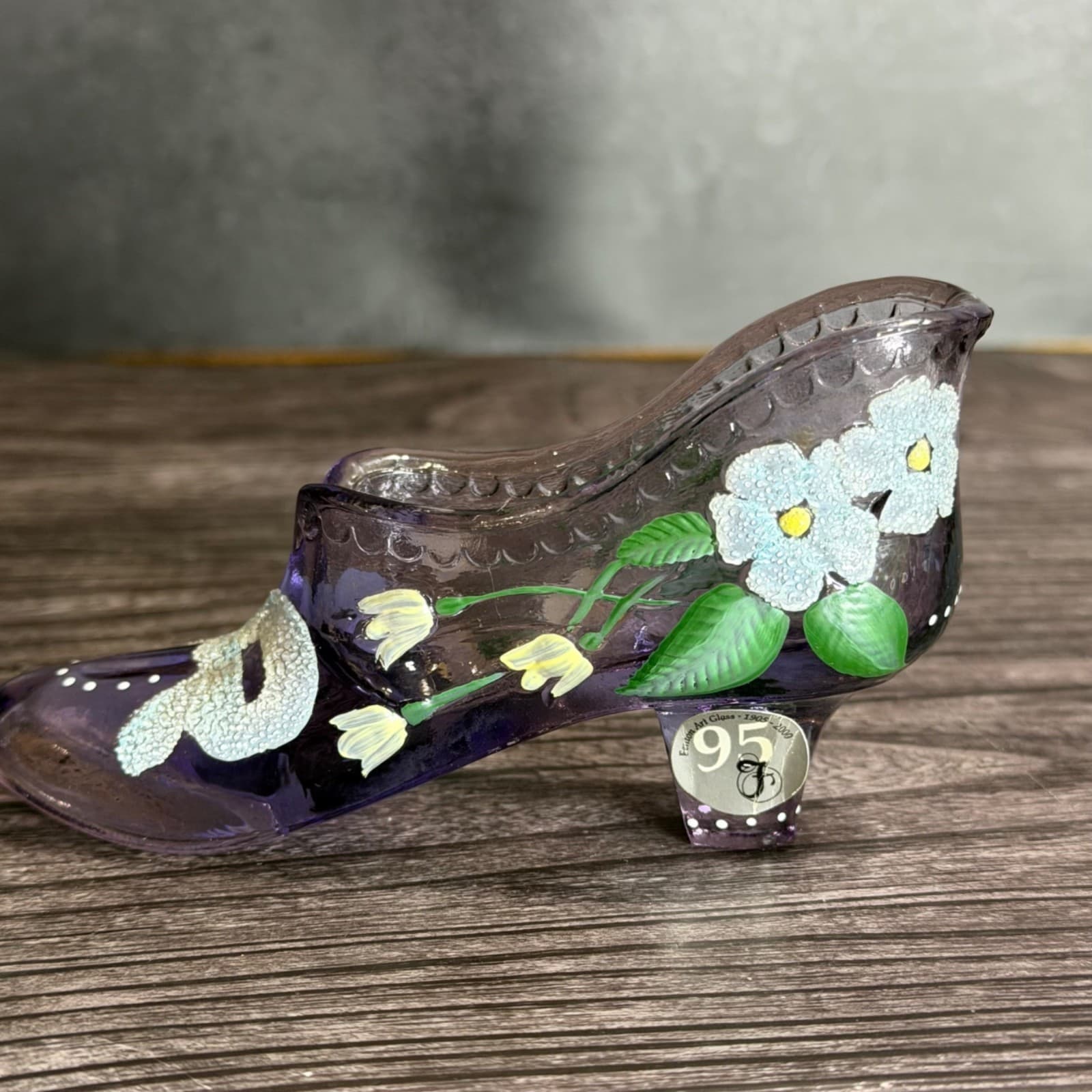 Fenton Art Glass Hand-Painted Purple Shoe W/ Floral Design By V. Elise Collectib - Thumbnail 6