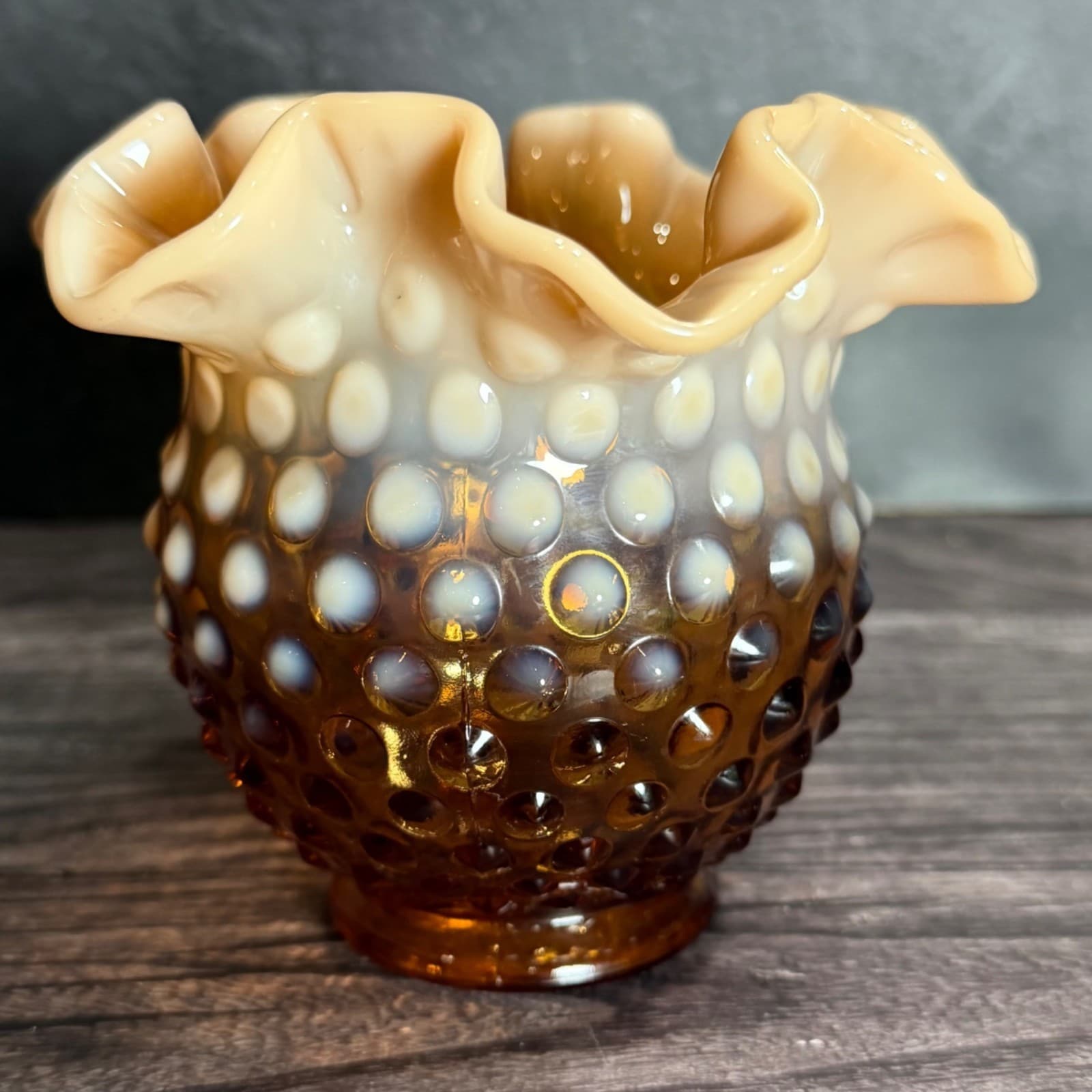 Fenton Cameo Opalescent Hobnail Glass Rose Bowl Vase 5" Ruffled Top Vintage Deco - Thumbnail 3