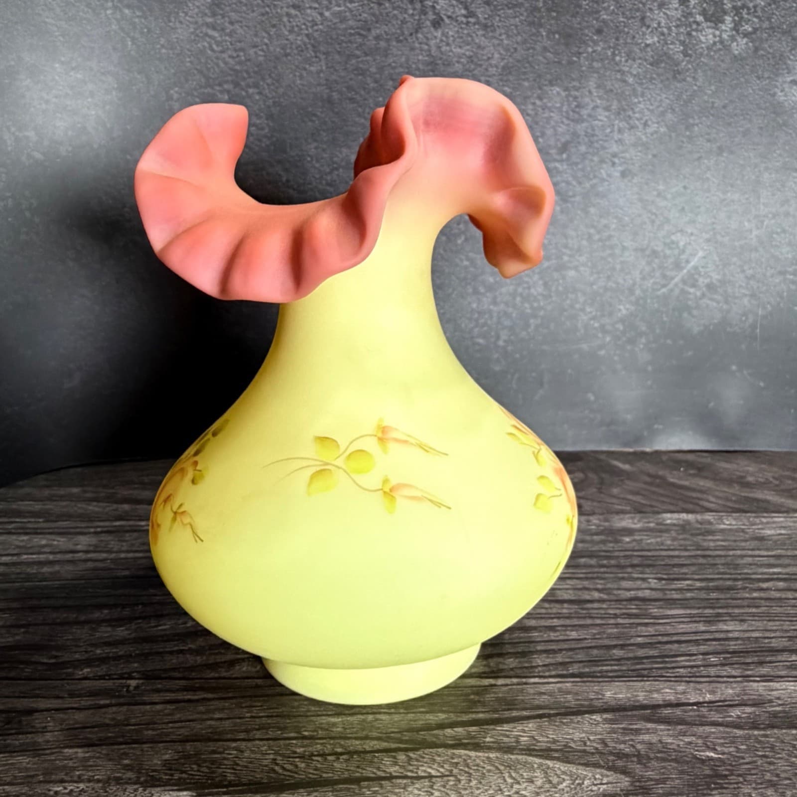 Fenton Hand Painted Burmese Satin Ruffled Vase With Pink Roses Signed By C Weihl - Thumbnail 6