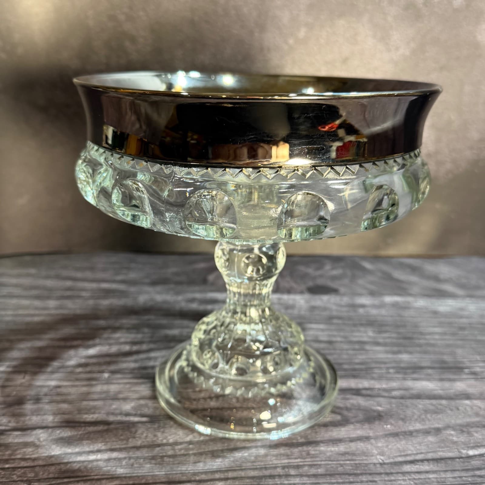 Vintage Indiana Glass Kings Crown Thumbprint Compote Silver Rim 7” Bowl - Thumbnail 7